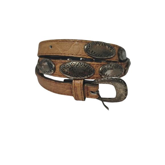 Vintage Tan Western Skinny Concho Belt Silver Tone Rounded Etched Buckle Size L - Picture 1 of 6